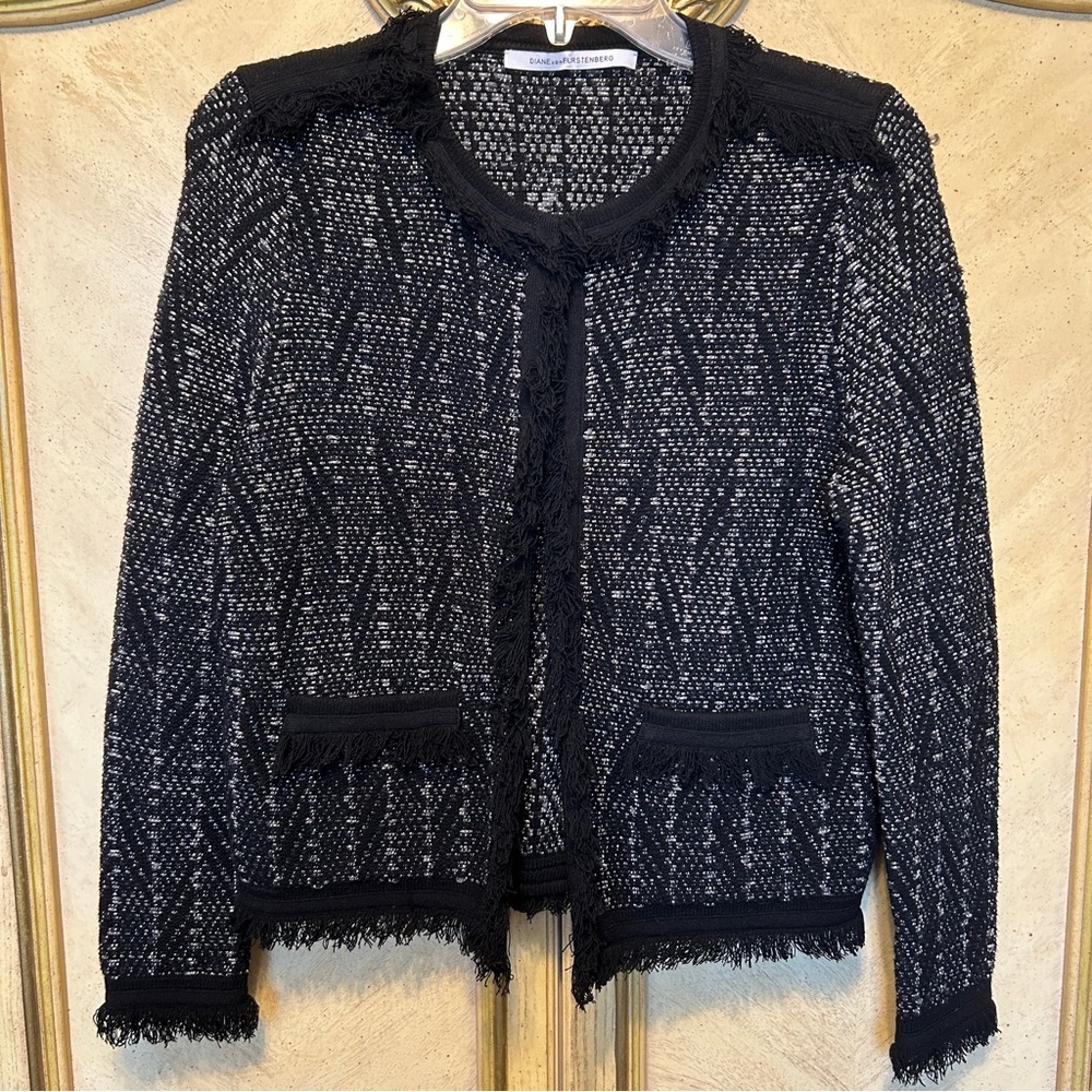 Diane Von Furstenberg Black & Gray Tweed Fringe Open Front Cardigan Jacket